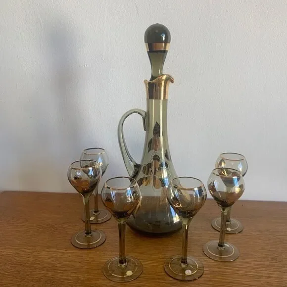 Vintage Made In Hungary ART Glass Decanter Glasses Set Hand Painted Gold Trim